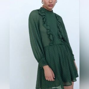 Zara Forest Green Swiss Dot Ruffle Long Sleeve Semi-Sheer Romper Size XS